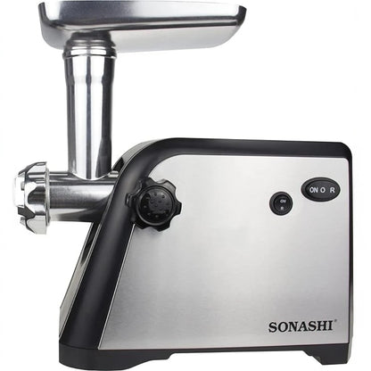 Sonashi 1500W Electric Meat Grinder – SMG-021N, Stainless Steel Blade, 3 Cutting Plates, Reverse Function, Kubbe Attachment, Heavy-Duty Food Mincer – Silver & Black - Damoo