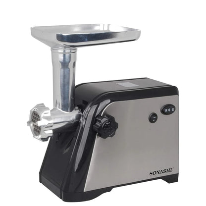 Sonashi 1500W Electric Meat Grinder – SMG-021N, Stainless Steel Blade, 3 Cutting Plates, Reverse Function, Kubbe Attachment, Heavy-Duty Food Mincer – Silver & Black - Damoo