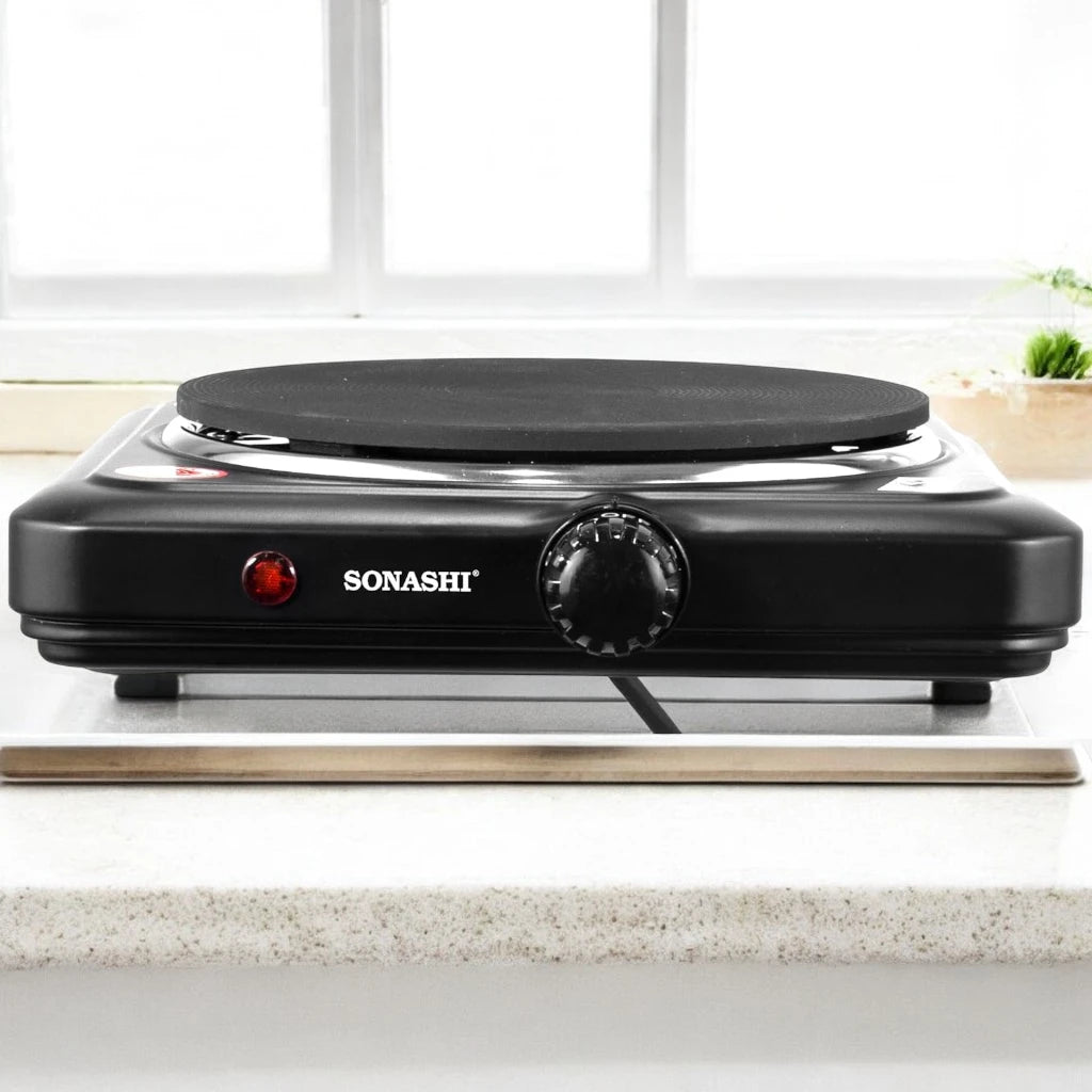 Sonashi 1500W Single Electric Hot Plate – Adjustable Temperature Control, Non-Slip Feet, Auto Thermostat, Compact & Portable for Home, Office & Travel – Black - SHP-612N - Damoo