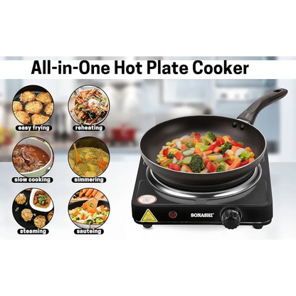 Sonashi 1500W Single Electric Hot Plate – Adjustable Temperature Control, Non-Slip Feet, Auto Thermostat, Compact & Portable for Home, Office & Travel – Black - SHP-612N - Damoo