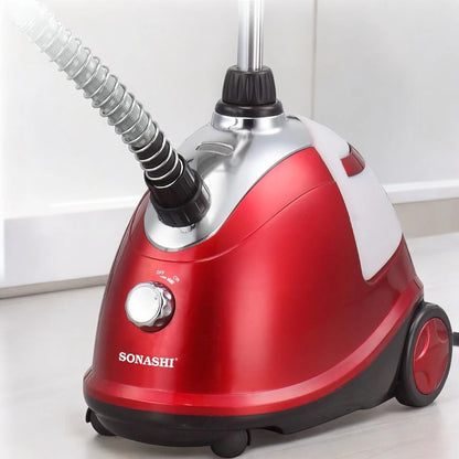 Sonashi 1800W Heavy Duty Garment Steamer – 1.8L Tank, 90-Min Continuous Steam, Anti-Slip Wheels, Leak-Proof Valve, Adjustable Pole – SGS-311 Red - Damoo