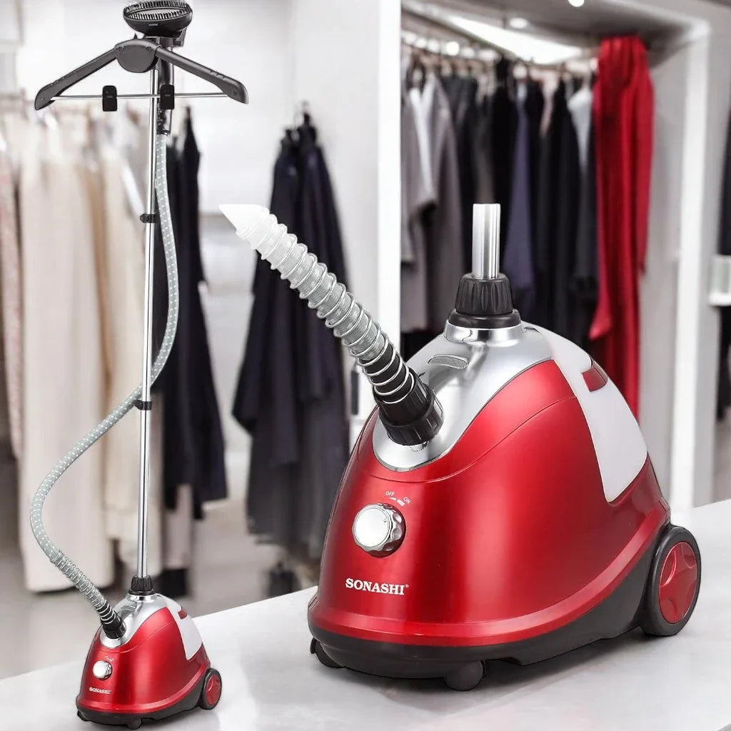 Sonashi 1800W Heavy Duty Garment Steamer – 1.8L Tank, 90-Min Continuous Steam, Anti-Slip Wheels, Leak-Proof Valve, Adjustable Pole – SGS-311 Red - Damoo