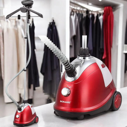 Sonashi 1800W Heavy Duty Garment Steamer – 1.8L Tank, 90-Min Continuous Steam, Anti-Slip Wheels, Leak-Proof Valve, Adjustable Pole – SGS-311 Red - Damoo