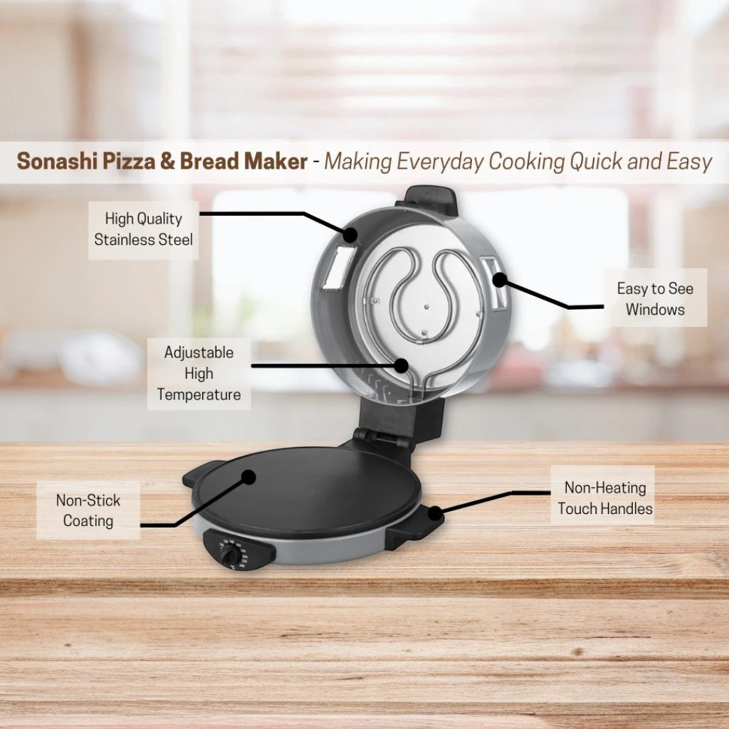 Sonashi 2-in-1 Arabic Bread & Pizza Maker – 1800W Non-Stick Flatbread Machine with Adjustable Temperature, Viewing Window, Stainless Steel Tube, 30cm Plate – SABM-863 ,White - Damoo