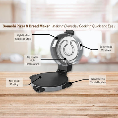 Sonashi 2-in-1 Arabic Bread & Pizza Maker – 1800W Non-Stick Flatbread Machine with Adjustable Temperature, Viewing Window, Stainless Steel Tube, 30cm Plate – SABM-863 ,White - Damoo