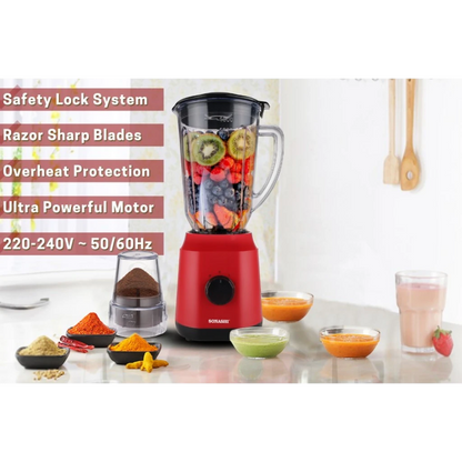 Sonashi 2-in-1 Blender – 650W Motor, 1.8L Unbreakable Jar, Grinding Cup, 2-Speed with Pulse, Overheat Protection, Safety Lock – Red - SB-154 - Damoo