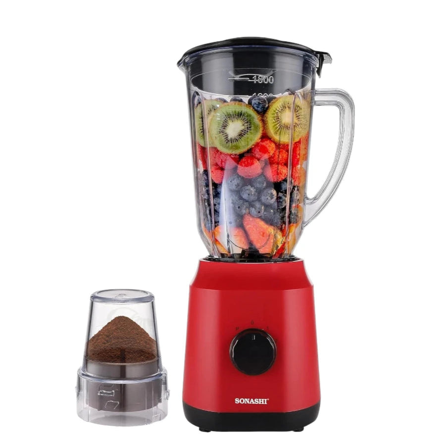 Sonashi 2-in-1 Blender – 650W Motor, 1.8L Unbreakable Jar, Grinding Cup, 2-Speed with Pulse, Overheat Protection, Safety Lock – Red - SB-154 - Damoo
