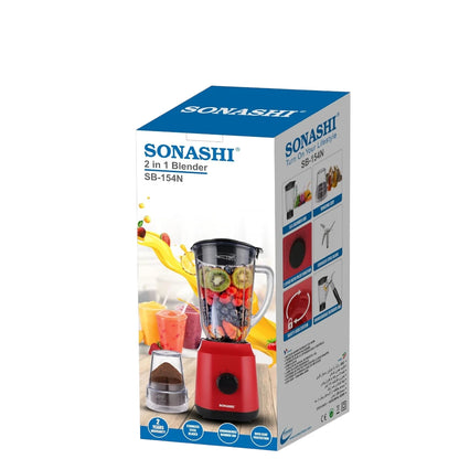 Sonashi 2-in-1 Blender – 650W Motor, 1.8L Unbreakable Jar, Grinding Cup, 2-Speed with Pulse, Overheat Protection, Safety Lock – Red - SB-154 - Damoo