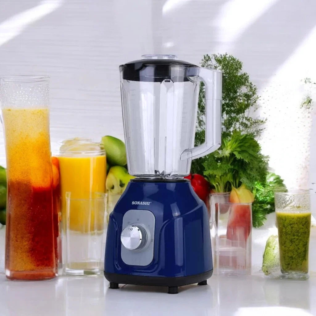 Sonashi 2-in-1 Blender SB-161N1 – 1.5L Unbreakable Jar, 500W Copper Motor, Pulse Control, Stainless Steel Blade, Grinder Cup | Blue - Damoo