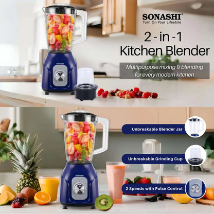 Sonashi 2-in-1 Blender SB-161N1 – 1.5L Unbreakable Jar, 500W Copper Motor, Pulse Control, Stainless Steel Blade, Grinder Cup | Blue - Damoo