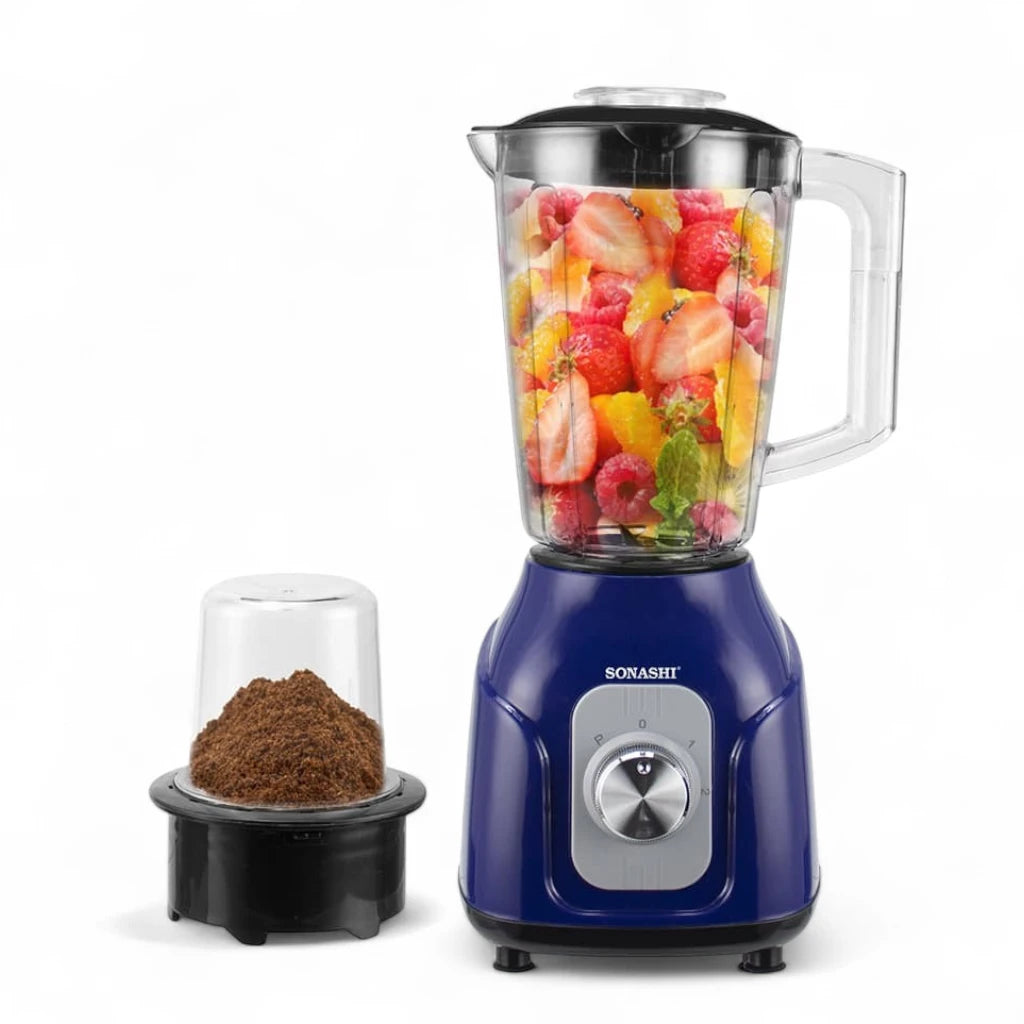 Sonashi 2-in-1 Blender SB-161N1 – 1.5L Unbreakable Jar, 500W Copper Motor, Pulse Control, Stainless Steel Blade, Grinder Cup | Blue - Damoo