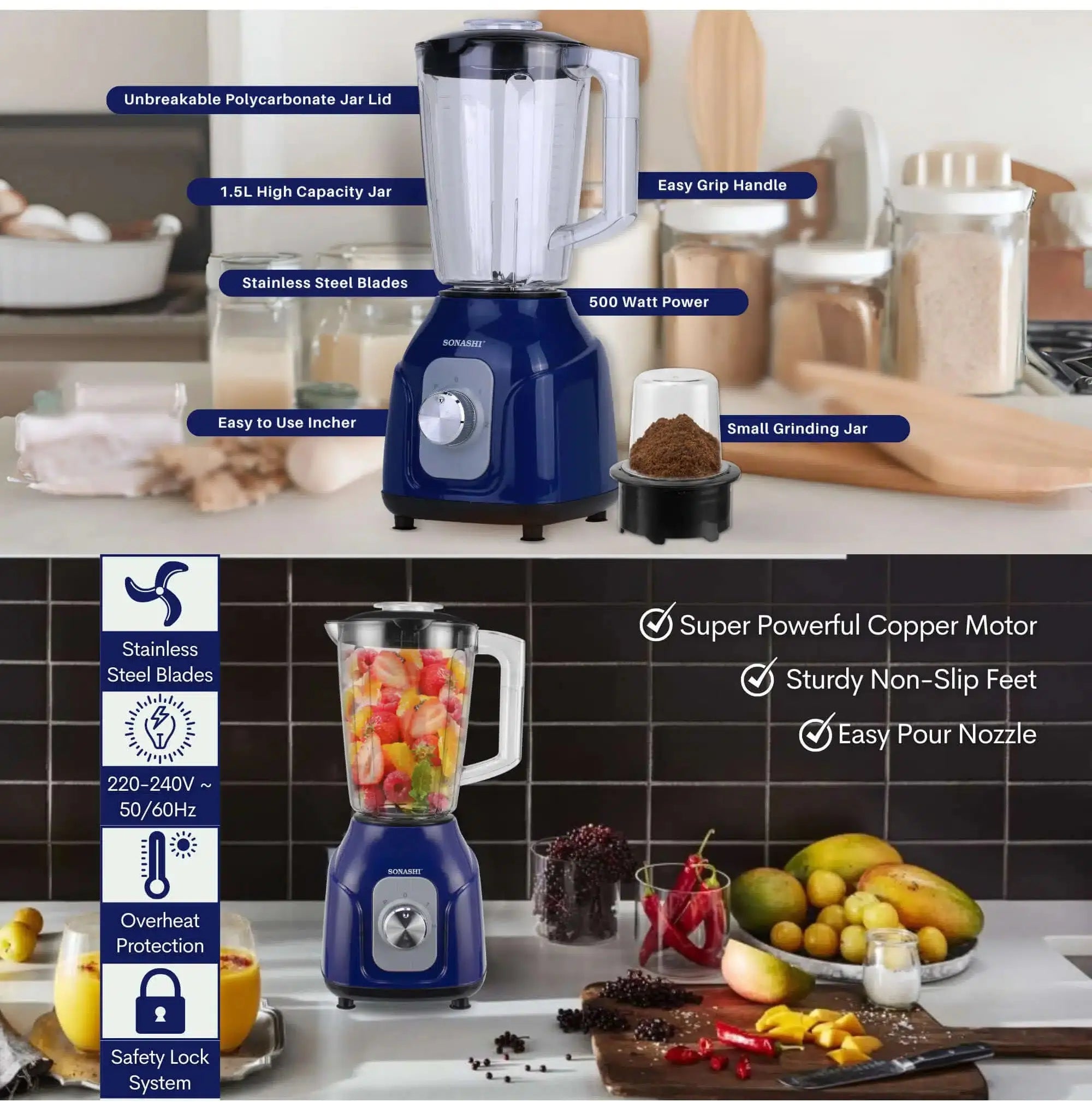 Sonashi 2-in-1 Blender SB-161N1 – 1.5L Unbreakable Jar, 500W Copper Motor, Pulse Control, Stainless Steel Blade, Grinder Cup | Blue - Damoo