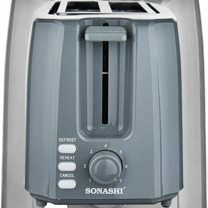 Sonashi 2-Slice Bread Toaster ST-210 – 750W Pop-Up Toaster with Adjustable Browning Control, Defrost, Reheat & Cancel Functions, Detachable Crumb Tray, Cool Touch Design – Grey - Damoo