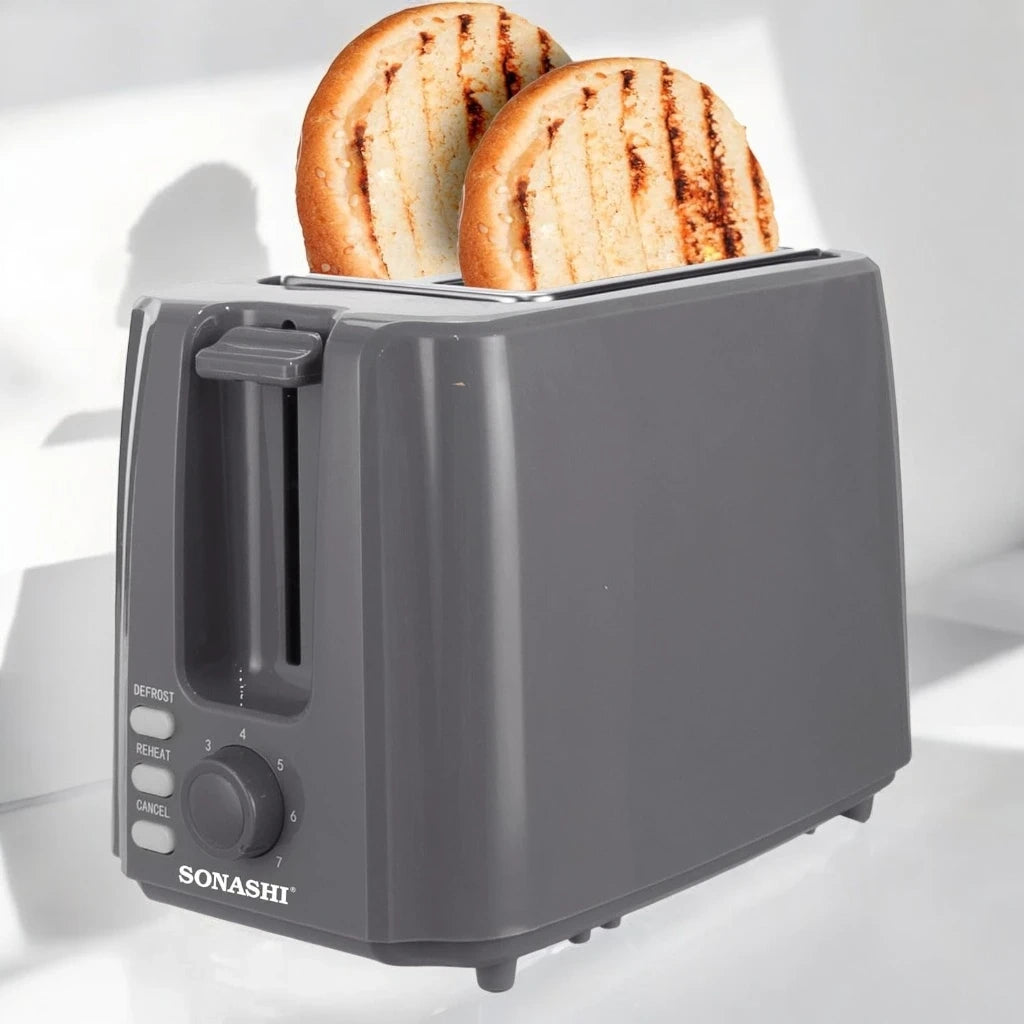 Sonashi 2-Slice Bread Toaster ST-210 – 750W Pop-Up Toaster with Adjustable Browning Control, Defrost, Reheat & Cancel Functions, Detachable Crumb Tray, Cool Touch Design – Grey - Damoo