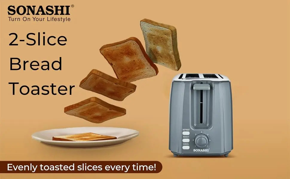 Sonashi 2-Slice Bread Toaster ST-210 – 750W Pop-Up Toaster with Adjustable Browning Control, Defrost, Reheat & Cancel Functions, Detachable Crumb Tray, Cool Touch Design – Grey - Damoo
