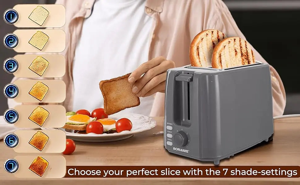 Sonashi 2-Slice Bread Toaster ST-210 – 750W Pop-Up Toaster with Adjustable Browning Control, Defrost, Reheat & Cancel Functions, Detachable Crumb Tray, Cool Touch Design – Grey - Damoo