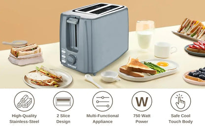 Sonashi 2-Slice Bread Toaster ST-210 – 750W Pop-Up Toaster with Adjustable Browning Control, Defrost, Reheat & Cancel Functions, Detachable Crumb Tray, Cool Touch Design – Grey - Damoo