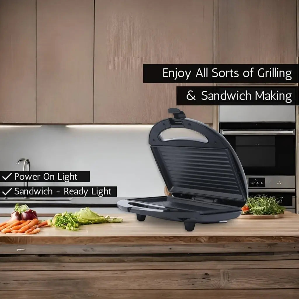 Sonashi 2-Slice Grill Sandwich Maker SGT-883 – Non-Stick Coated Plates, 750W, Stainless Steel Finish, Cool Touch Handle, Overheat Protection, Indicator Lights – Black/Silver - Damoo