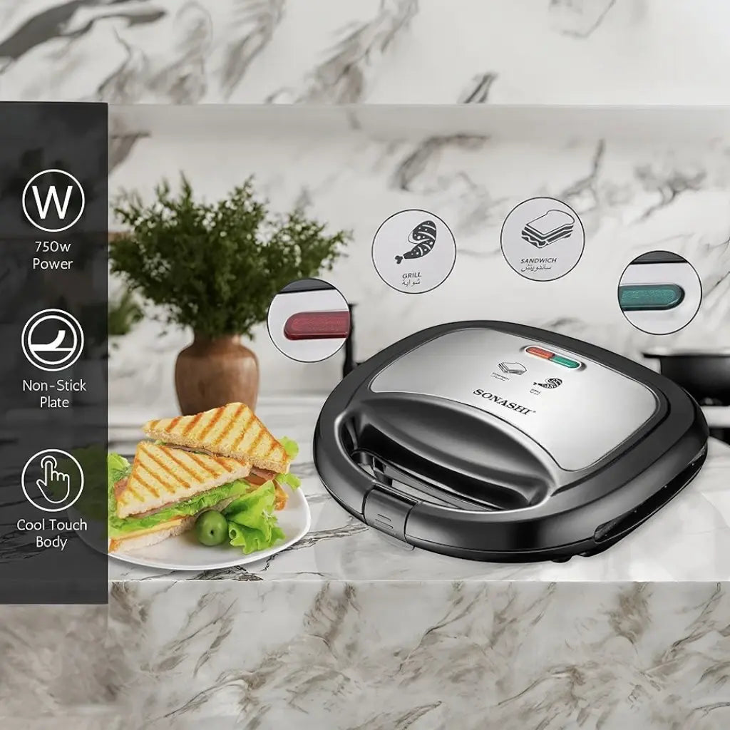 Sonashi 2-Slice Grill Sandwich Maker SGT-883 – Non-Stick Coated Plates, 750W, Stainless Steel Finish, Cool Touch Handle, Overheat Protection, Indicator Lights – Black/Silver - Damoo
