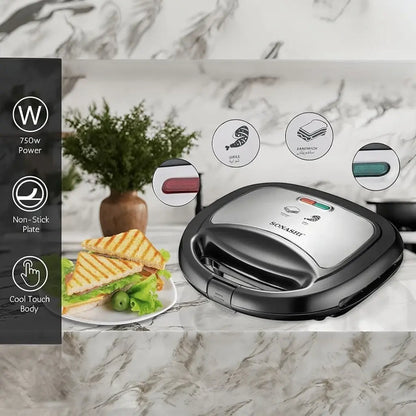 Sonashi 2-Slice Grill Sandwich Maker SGT-883 – Non-Stick Coated Plates, 750W, Stainless Steel Finish, Cool Touch Handle, Overheat Protection, Indicator Lights – Black/Silver - Damoo