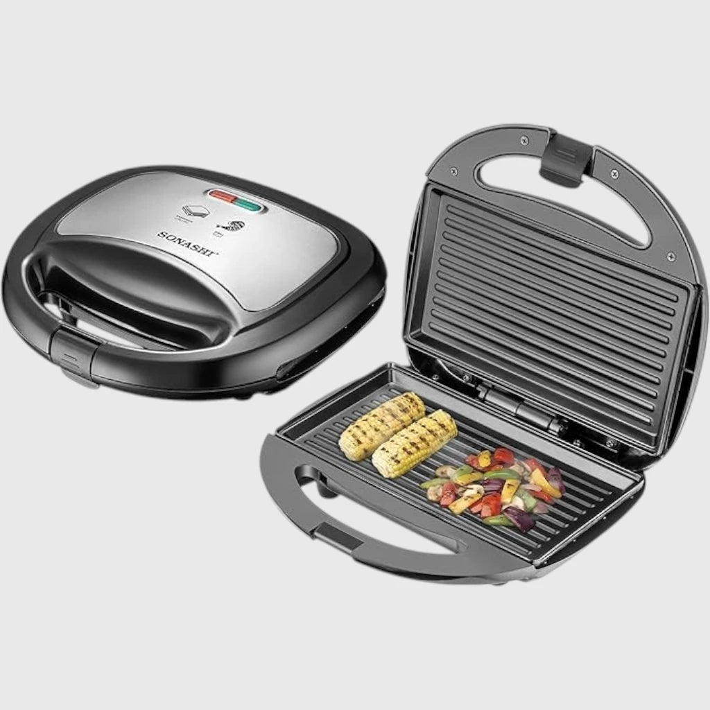 Sonashi 2-Slice Grill Sandwich Maker SGT-883 – Non-Stick Coated Plates, 750W, Stainless Steel Finish, Cool Touch Handle, Overheat Protection, Indicator Lights – Black/Silver - Damoo