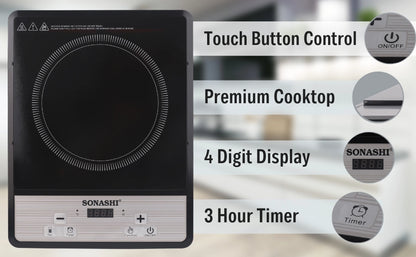 Sonashi 2000W Infrared Ceramic Cooker – Portable Electric Cooktop with Timer, Touch Controls, Adjustable Power Levels, Safety Features & Digital Display – Compact Black Design - SIS-014C - Damoo