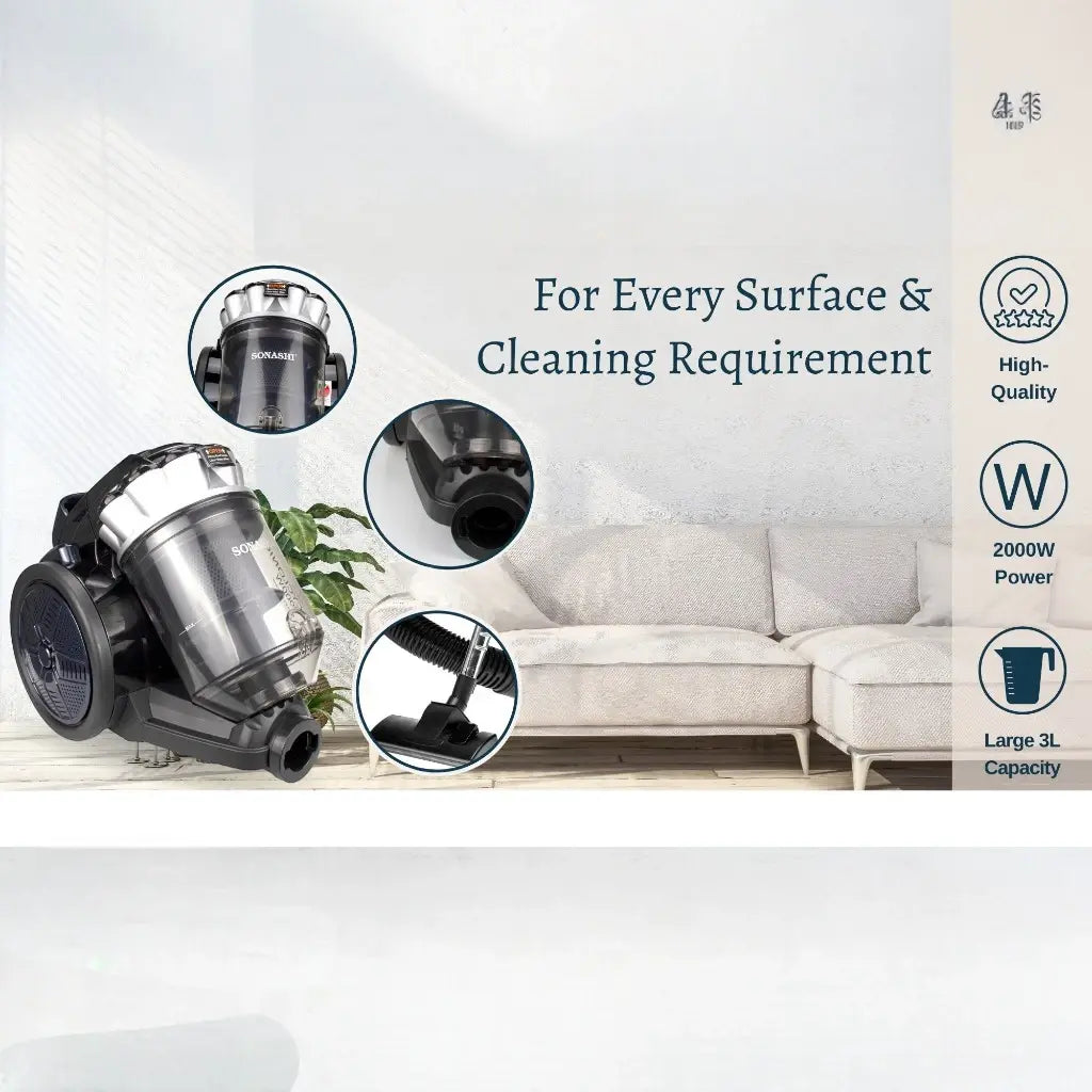 Sonashi 2000W Multi-Cyclonic Bagless Vacuum Cleaner – 3L Dust Capacity, Speed Control, Telescopic Tube, Low Noise Design, 5M Cord & Auto Rewind – SVC-9028C - Damoo