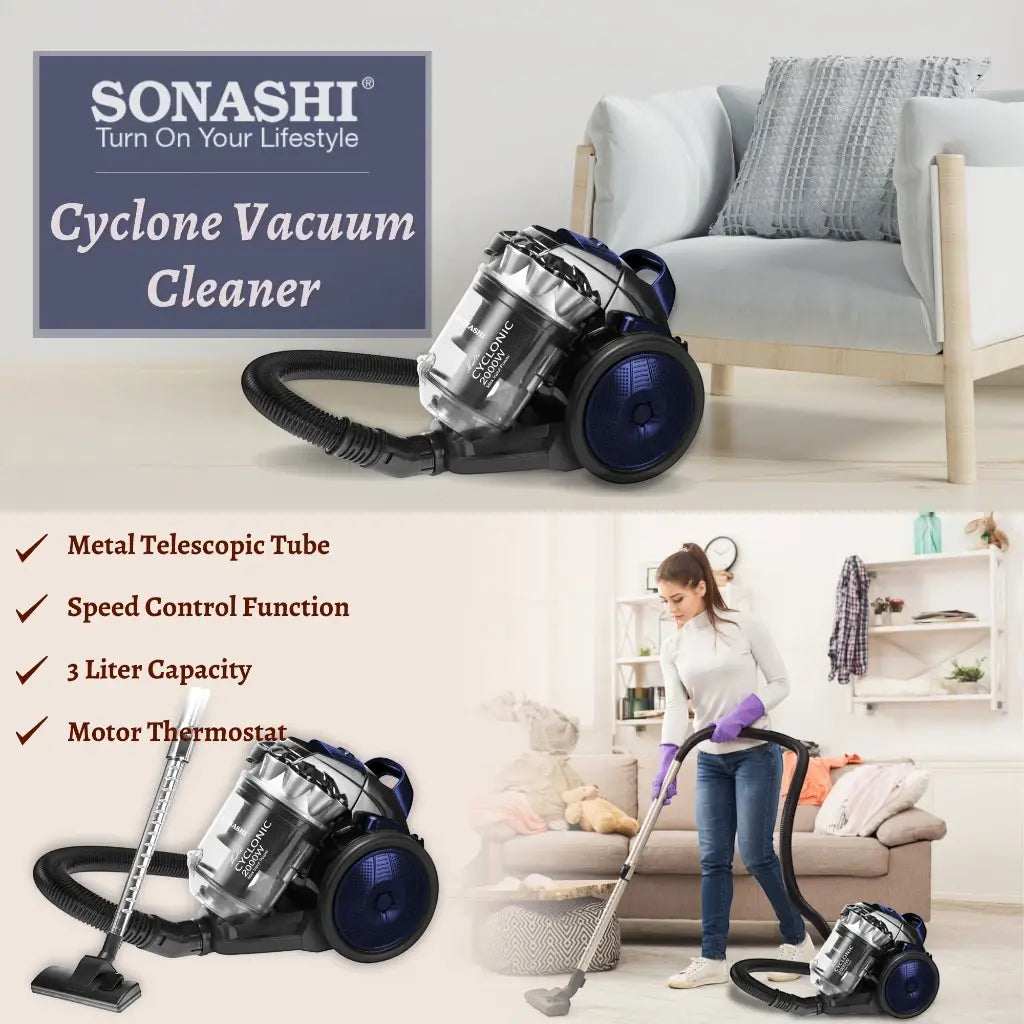 Sonashi 2000W Multi-Cyclonic Bagless Vacuum Cleaner – 3L Dust Capacity, Speed Control, Telescopic Tube, Low Noise Design, 5M Cord & Auto Rewind – SVC-9028C - Damoo