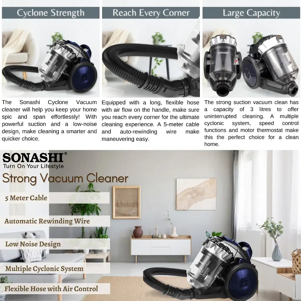 Sonashi 2000W Multi-Cyclonic Bagless Vacuum Cleaner – 3L Dust Capacity, Speed Control, Telescopic Tube, Low Noise Design, 5M Cord & Auto Rewind – SVC-9028C - Damoo