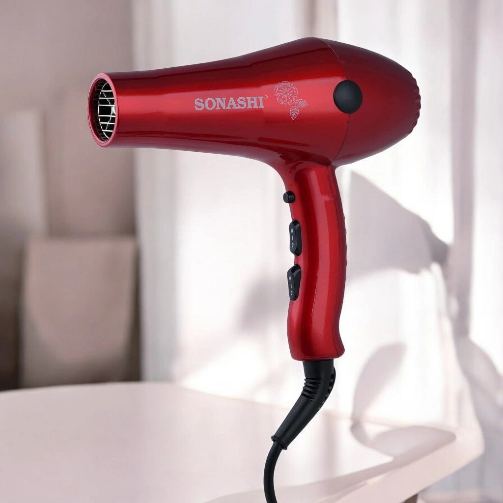 Sonashi 2000W Professional Hair Dryer for Men & Women – AC Motor, 2 Heat & Speed Settings, Cool Shot, Hot/Cold Wind, Nozzle Attachment, Lightweight & Ergonomic Design – Red/Black Glossy | SHD-3032 - Damoo