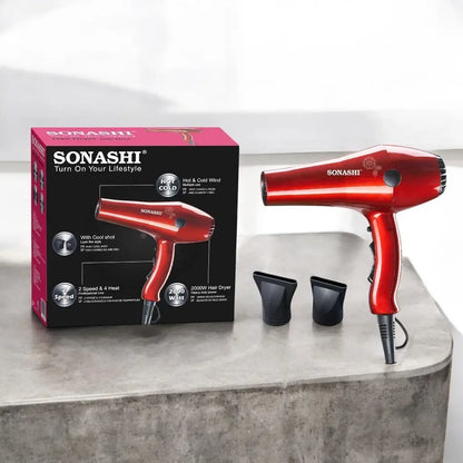 Sonashi 2000W Professional Hair Dryer for Men & Women – AC Motor, 2 Heat & Speed Settings, Cool Shot, Hot/Cold Wind, Nozzle Attachment, Lightweight & Ergonomic Design – Red/Black Glossy | SHD-3032 - Damoo