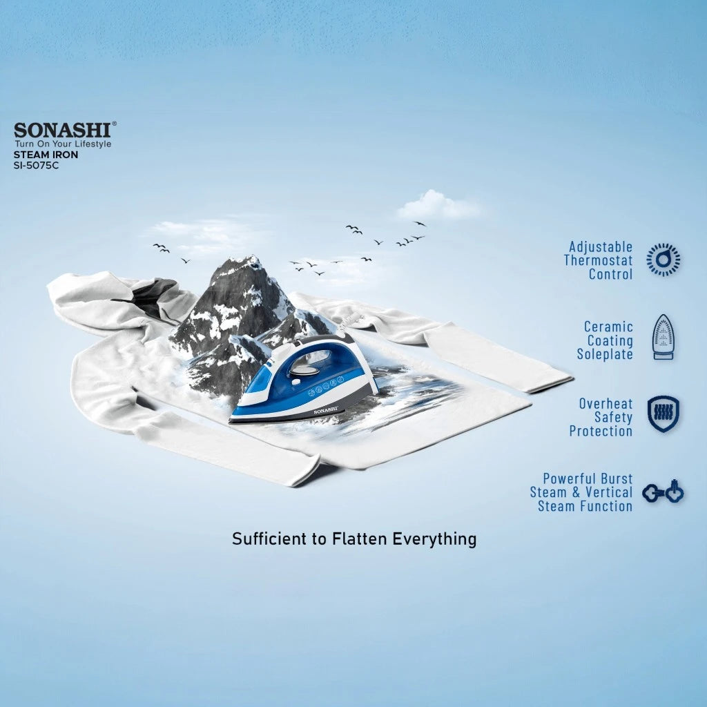 Sonashi 2400W Steam Iron SI-5075C – Ceramic Soleplate, LED Display with Auto Shut-Off, Spray, Burst Steam, Dry, Self-Cleaning | Anti-Drip & Anti-Calc Functions | Blue/White - Damoo