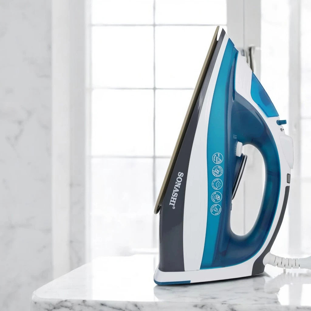 Sonashi 2400W Steam Iron SI-5075C – Ceramic Soleplate, LED Display with Auto Shut-Off, Spray, Burst Steam, Dry, Self-Cleaning | Anti-Drip & Anti-Calc Functions | Blue/White - Damoo