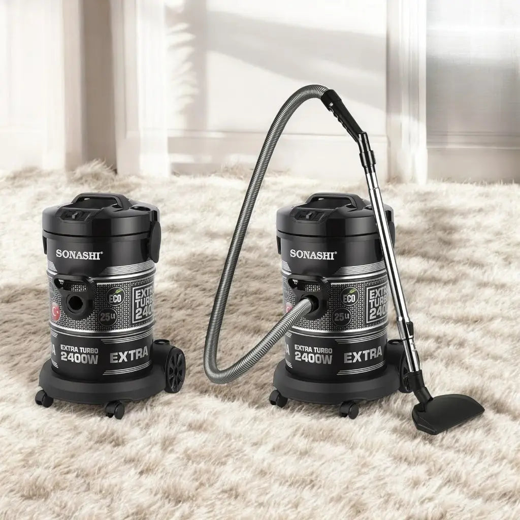 Sonashi 25L Drum Vacuum Cleaner – 2400W Powerful Suction, Low Noise, Multi-Stage Filtration, Telescopic Tube, Cloth Filter, Wheels – Black - SVC-9029D - Damoo