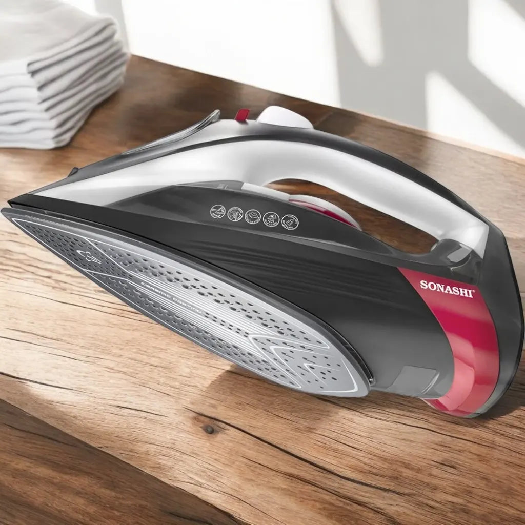 Sonashi 2800W Steam Iron with Ceramic Coated Soleplate – Steam, Burst Steam, Spray & Dry Iron Modes | 350ml Water Tank, Self-Cleaning, Anti-Drip, Anti-Calc & Auto Shut-Off – Black/Red | SI-5085C - Damoo