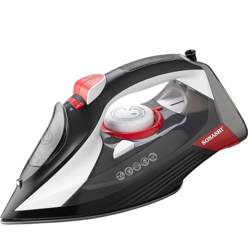 Sonashi 2800W Steam Iron with Ceramic Coated Soleplate – Steam, Burst Steam, Spray & Dry Iron Modes | 350ml Water Tank, Self-Cleaning, Anti-Drip, Anti-Calc & Auto Shut-Off – Black/Red | SI-5085C - Damoo