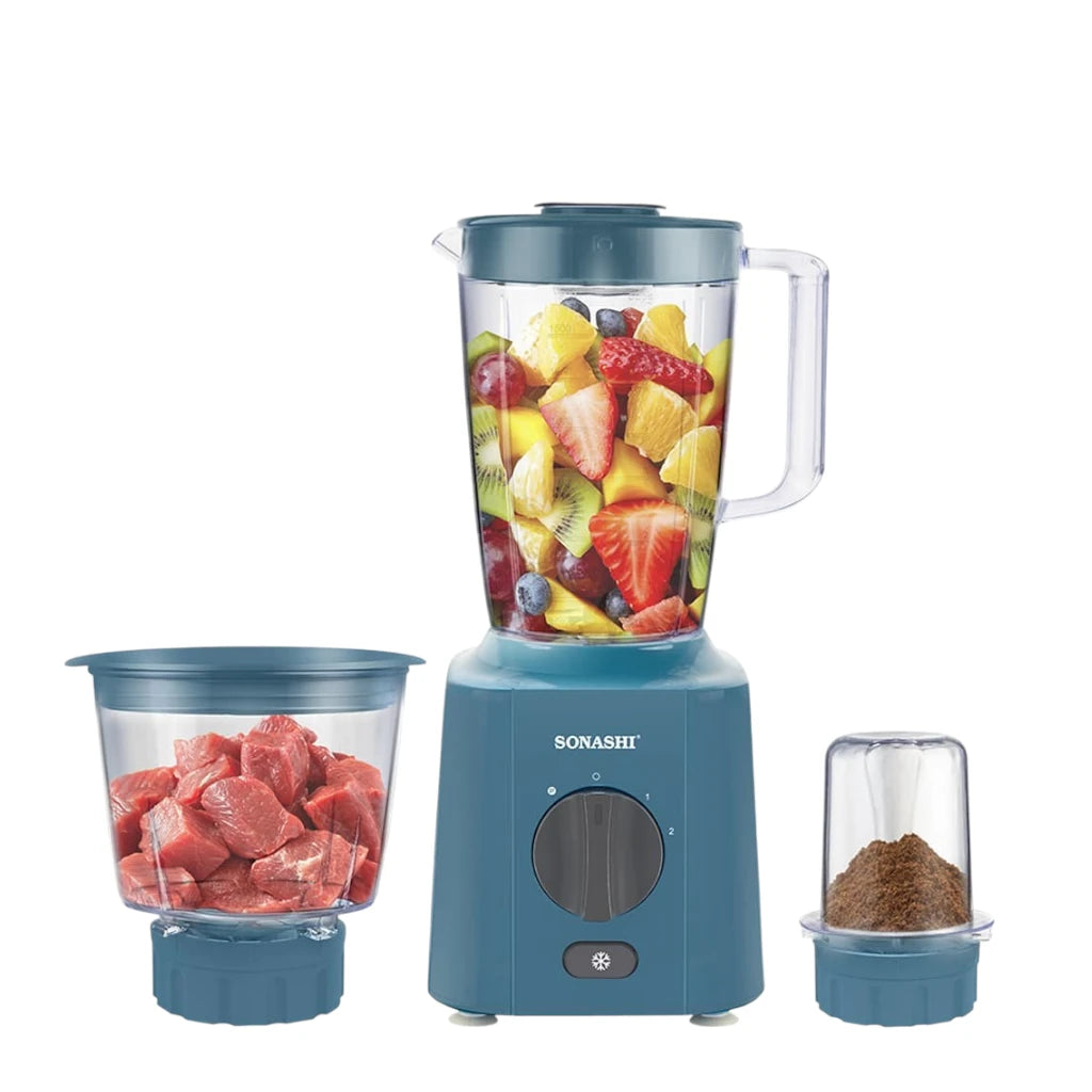 Sonashi 3-in-1 Blender 650W  | Unbreakable 1.8L Jar , Grinder & Chopper Cups | Stainless Steel Blades, Pulse Control, Safety Lock & Overheat Protection – SB-160N1 - Damoo