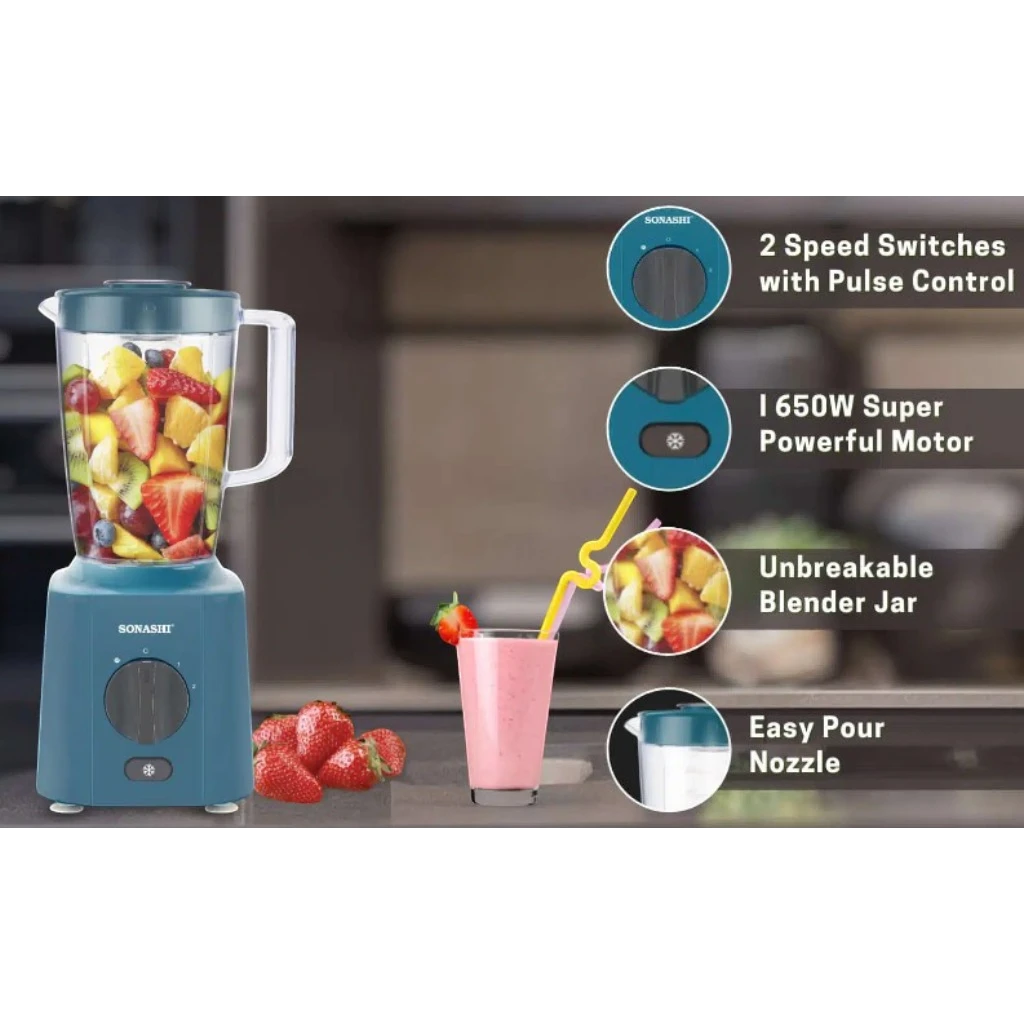 Sonashi 3-in-1 Blender 650W  | Unbreakable 1.8L Jar , Grinder & Chopper Cups | Stainless Steel Blades, Pulse Control, Safety Lock & Overheat Protection – SB-160N1 - Damoo
