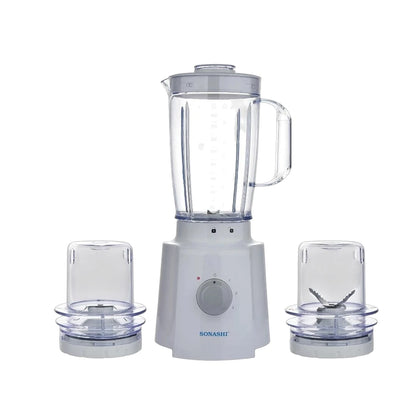 Sonashi 3-in-1 Blender with 1.6L Unbreakable Jar, Grinder & Mincer – 650W Motor, 3 Speed with Pulse, Overheat Protection, Stainless Steel Blades – SB-133N – White - Damoo