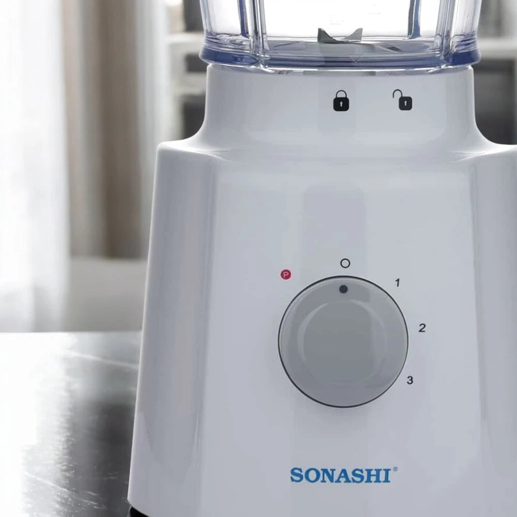 Sonashi 3-in-1 Blender with 1.6L Unbreakable Jar, Grinder & Mincer – 650W Motor, 3 Speed with Pulse, Overheat Protection, Stainless Steel Blades – SB-133N – White - Damoo