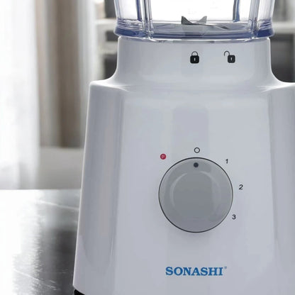 Sonashi 3-in-1 Blender with 1.6L Unbreakable Jar, Grinder & Mincer – 650W Motor, 3 Speed with Pulse, Overheat Protection, Stainless Steel Blades – SB-133N – White - Damoo