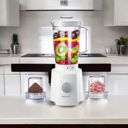 Sonashi 3-in-1 Blender with 1.6L Unbreakable Jar, Grinder & Mincer – 650W Motor, 3 Speed with Pulse, Overheat Protection, Stainless Steel Blades – SB-133N – White - Damoo