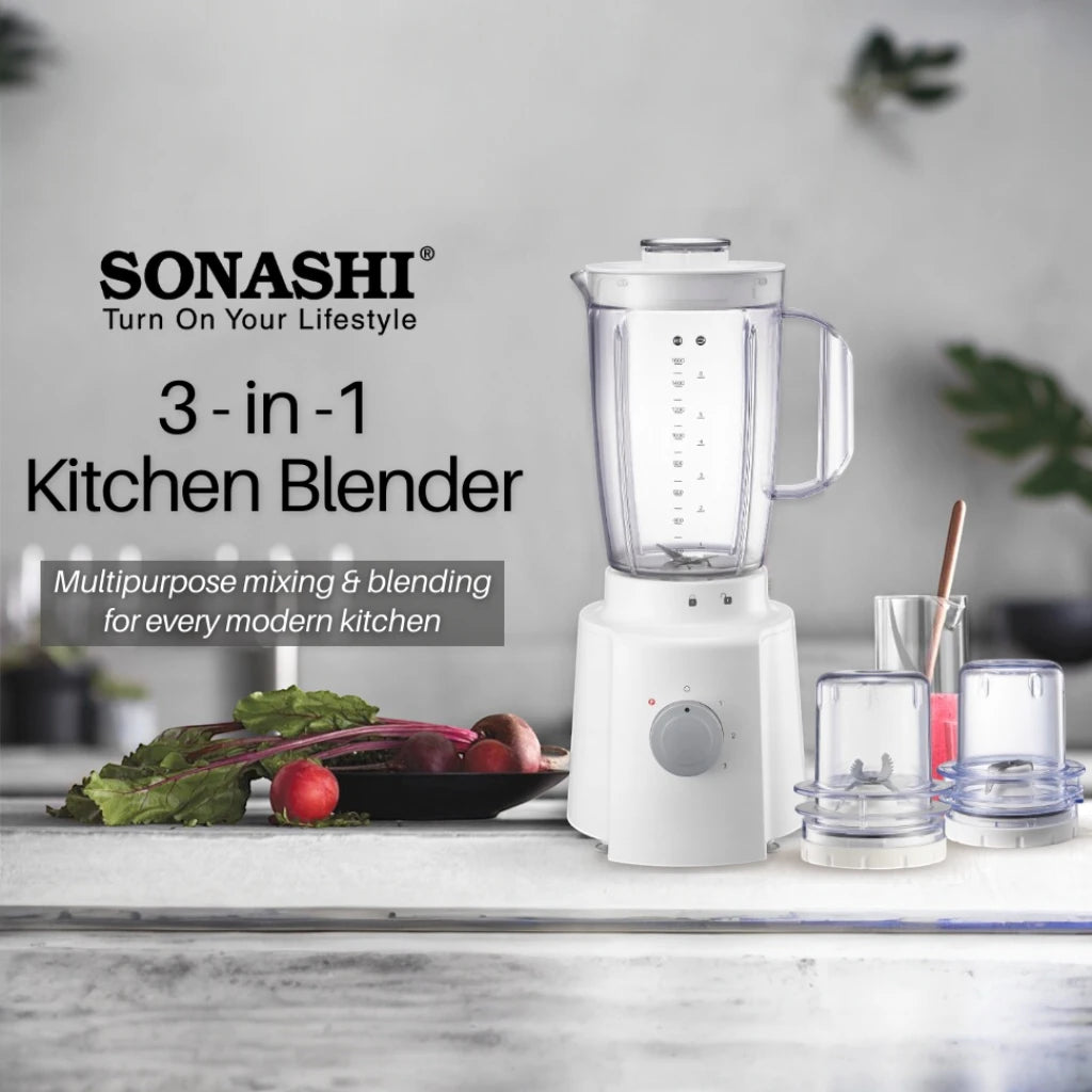 Sonashi 3-in-1 Blender with 1.6L Unbreakable Jar, Grinder & Mincer – 650W Motor, 3 Speed with Pulse, Overheat Protection, Stainless Steel Blades – SB-133N – White - Damoo