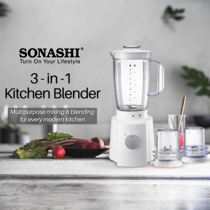 Sonashi 3-in-1 Blender with 1.6L Unbreakable Jar, Grinder & Mincer – 650W Motor, 3 Speed with Pulse, Overheat Protection, Stainless Steel Blades – SB-133N – White - Damoo