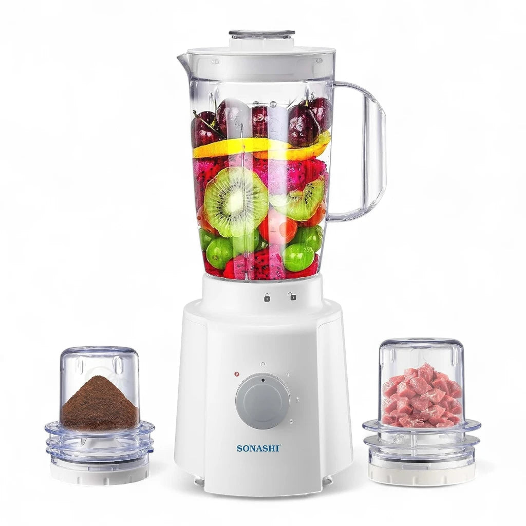 Sonashi 3-in-1 Blender with 1.6L Unbreakable Jar, Grinder & Mincer – 650W Motor, 3 Speed with Pulse, Overheat Protection, Stainless Steel Blades – SB-133N – White - Damoo