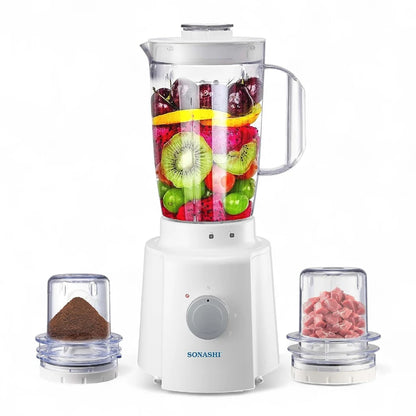 Sonashi 3-in-1 Blender with 1.6L Unbreakable Jar, Grinder & Mincer – 650W Motor, 3 Speed with Pulse, Overheat Protection, Stainless Steel Blades – SB-133N – White - Damoo
