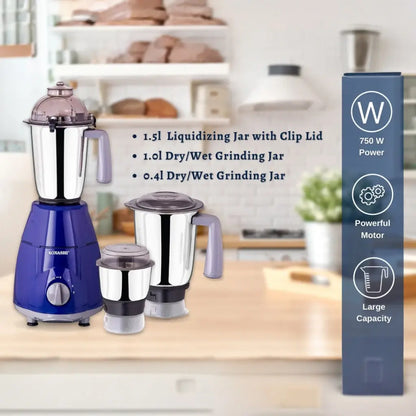 Sonashi 3-in-1 Mixer Grinder with 750W Heavy-Duty Motor, 3 Speed Settings + Pulse, Stainless Steel Jars & Leak-Proof Clip Lid – Overheat Protection – 1.5L – SB-151SS - Damoo