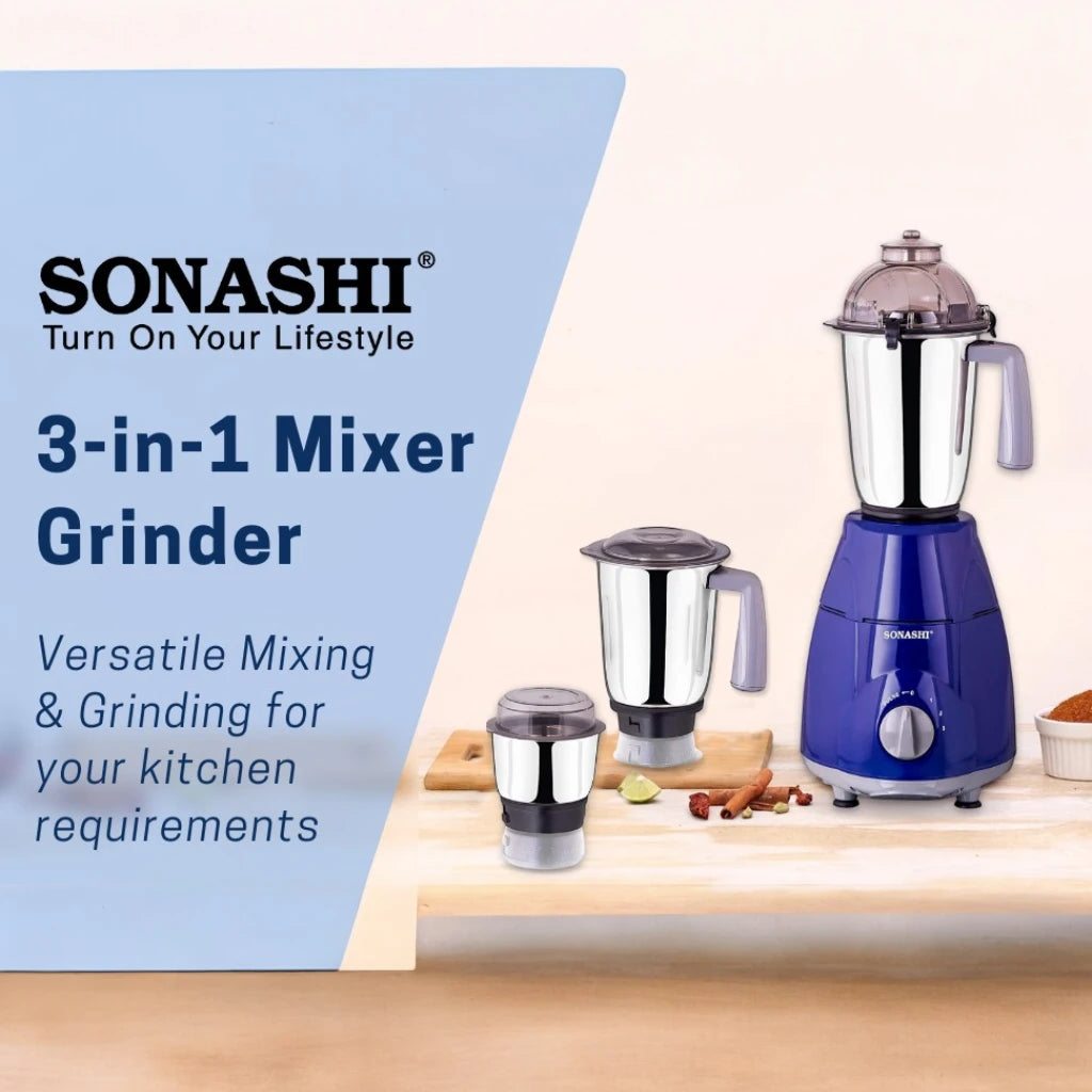 Sonashi 3-in-1 Mixer Grinder with 750W Heavy-Duty Motor, 3 Speed Settings + Pulse, Stainless Steel Jars & Leak-Proof Clip Lid – Overheat Protection – 1.5L – SB-151SS - Damoo