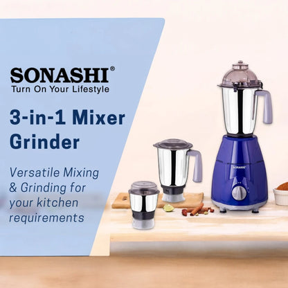 Sonashi 3-in-1 Mixer Grinder with 750W Heavy-Duty Motor, 3 Speed Settings + Pulse, Stainless Steel Jars & Leak-Proof Clip Lid – Overheat Protection – 1.5L – SB-151SS - Damoo