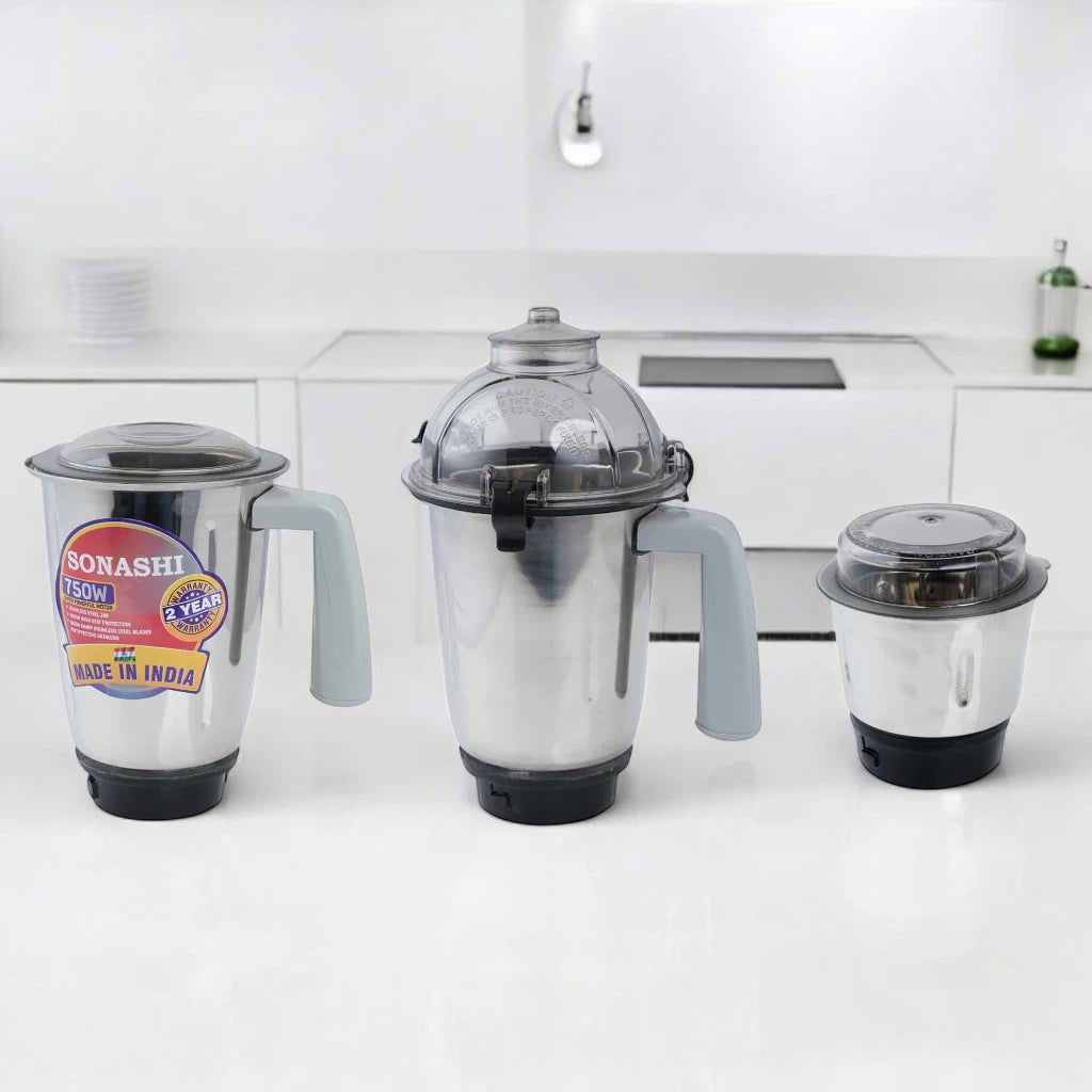 Sonashi 3-in-1 Mixer Grinder with 750W Heavy-Duty Motor, 3 Speed Settings + Pulse, Stainless Steel Jars & Leak-Proof Clip Lid – Overheat Protection – 1.5L – SB-151SS - Damoo